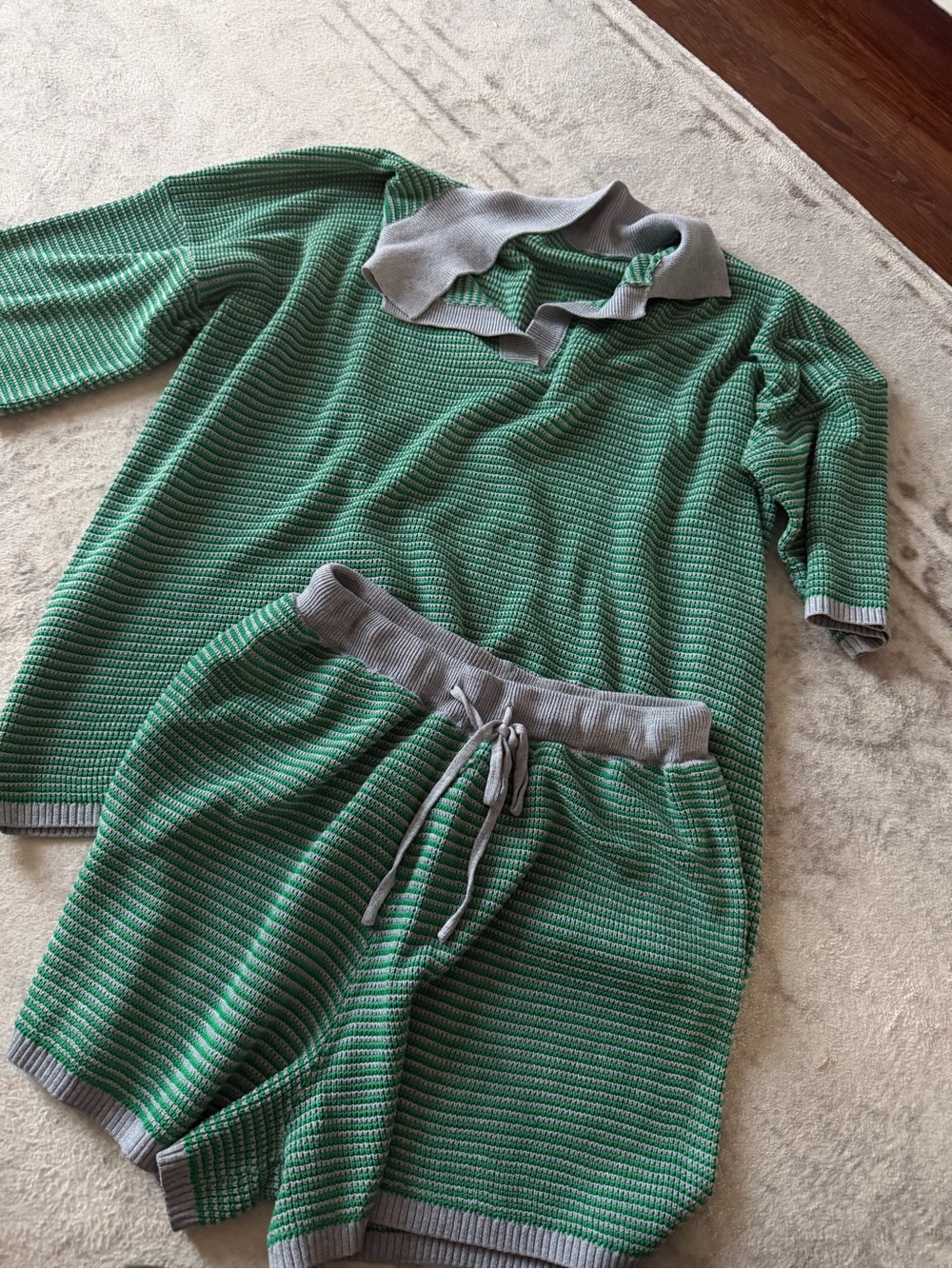 Striped Green and Light Gray Knit Sweater Short Set